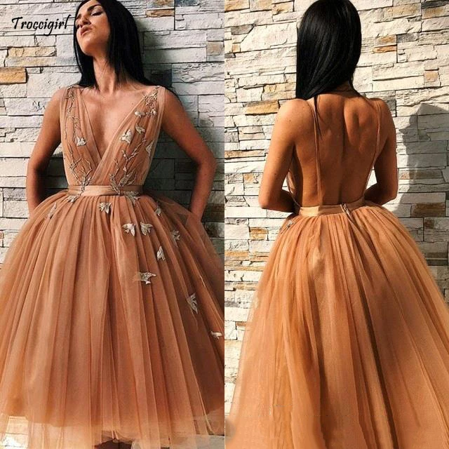 52-1 2019 Tulle Homecoming Dresses Applique Tulle A Line Sexy Spaghetti Sleeveless Cocktail Dress Backless Formal Party Gowns