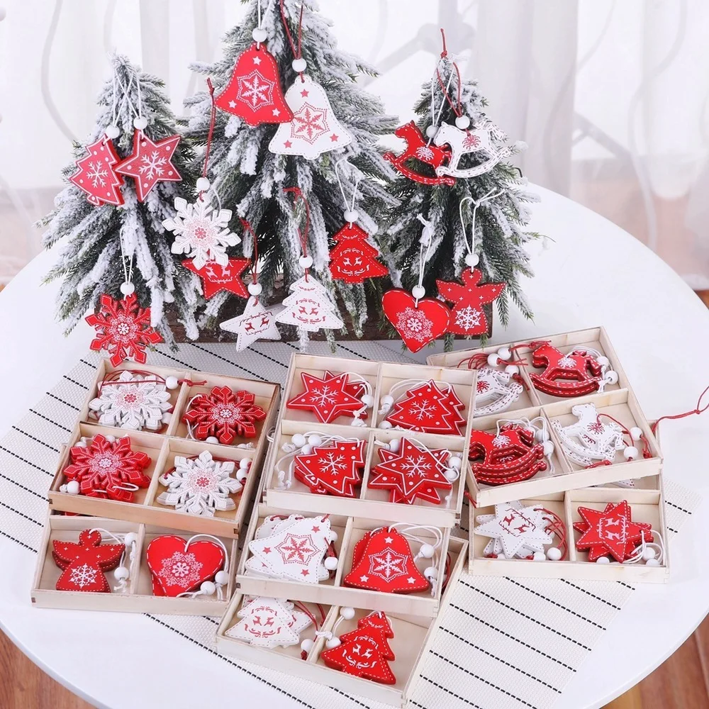 

12PCS / Box Wooden Merry Christmas Decorations for Home Christmas Snowflake Star Santa Claus Bells Xmas Tree Hanging Ornaments,B