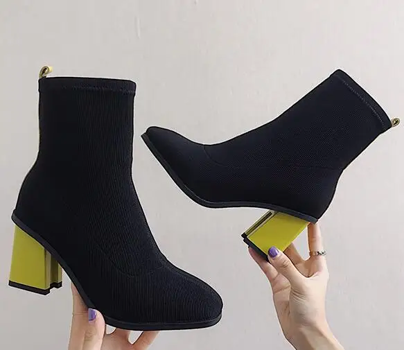 New Socks Boots Single Shoes Women Winter Square Toe Stretch Knit Women Martin Boots Fashion High Heel 8CM Mid-Calf Women Boots