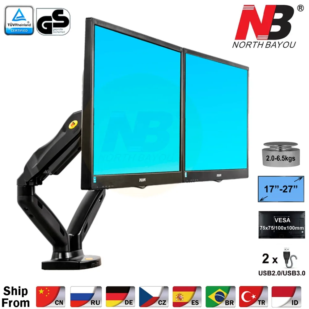 NB F160 Gas Spring 360 Degree Desktop 17"-27" Dual Monitor Holder Arm Full Motion Dual Arm Monitor Mount Bracket
NB F160 Gas Spring 360 Degree Desktop 17"-27" Dual Monitor Holder Arm Full Motion Dual Arm Monitor Mount Bracket