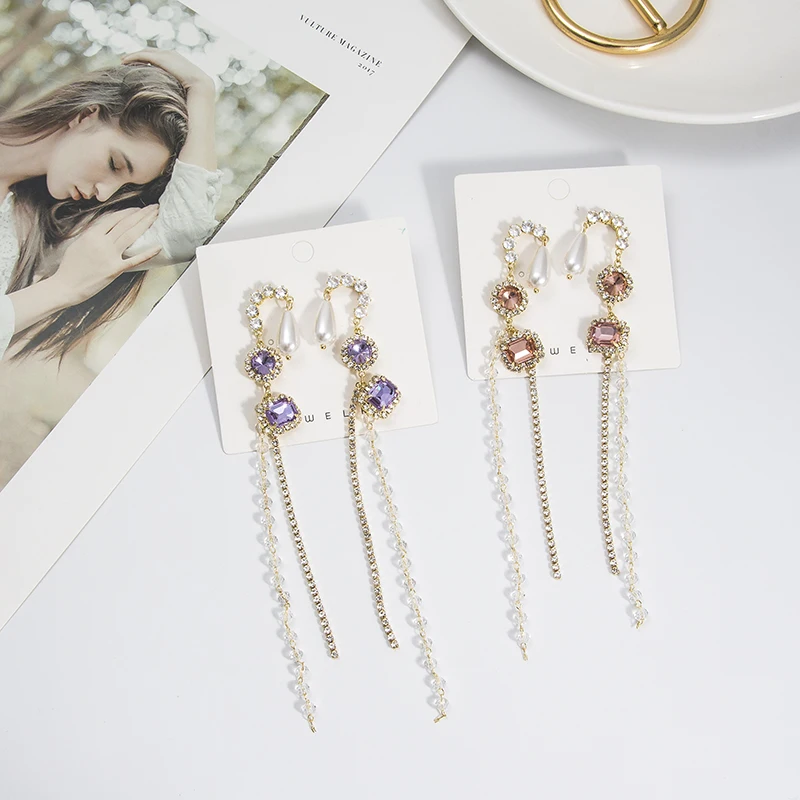 Luxury Pink Purple Crystal Pearl Drop Earrings Long Rhinestone Chain Dangle Earrings for Women Elegant Pendientes Jewlery
Luxury Pink Purple Crystal Pearl Drop Earrings Long Rhinestone Chain Dangle Earrings for Women Elegant Pendientes Jewlery