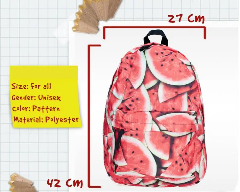 1 piece 3D Preppy Style Watermelon pattern school bag travel bag printing backpack Softback mochila feminina
1 piece 3D Preppy Style Watermelon pattern school bag travel bag printing backpack Softback mochila feminina