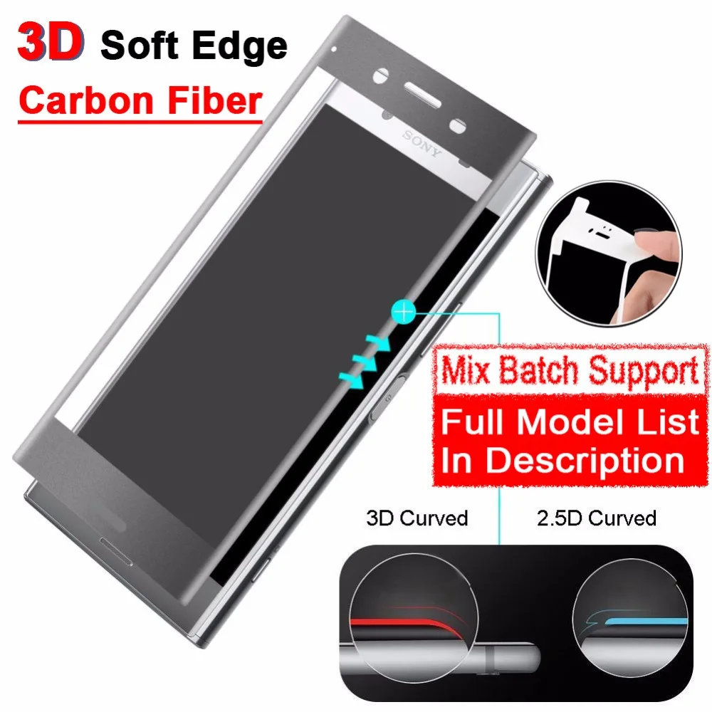 

Sinzean 100pcs 0.2mm Premium 3D soft edge full glued carbon fiber tempered glass for sony Xperia ace 1 xz2p xz2c XZ1 XZS XZP