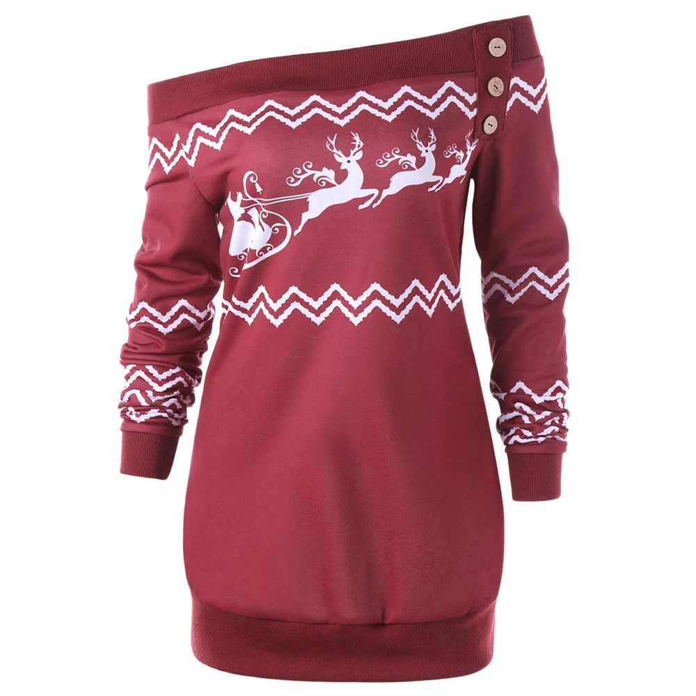 

Wipalo Women Autumn Winter Plus Size 5XL Zigzag Deer Skew Neck Christmas Pullover Sweatshirt Full Sleeve Button Hooded Tops