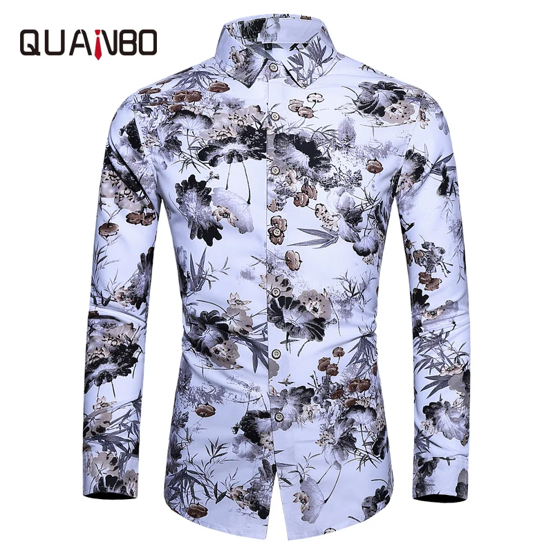 QUANBO Новинка осени 2019 Гавайские рубашки с длинным рукавом Мужская Повседневная