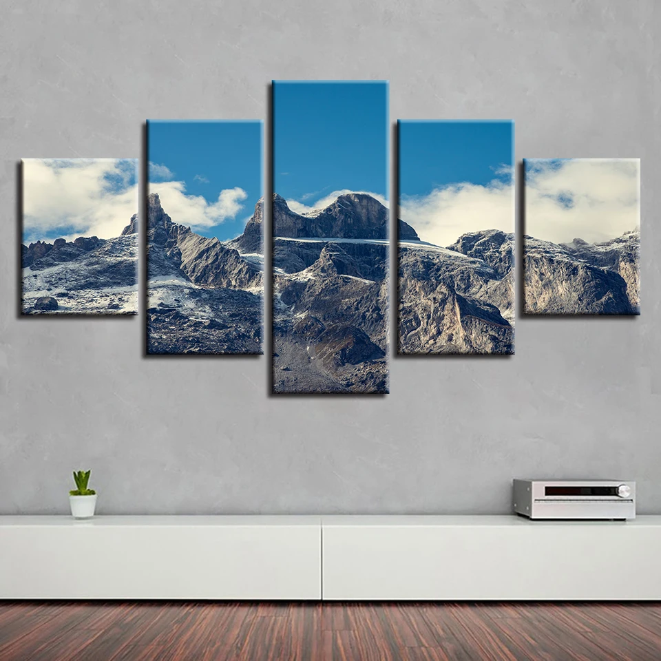 Living Room Wall Art HD Printed Decor 5 Pieces Blue Sky White Cloud Paintings Mountain Peaks Scenery Modular Canvas Pictures | Дом и сад