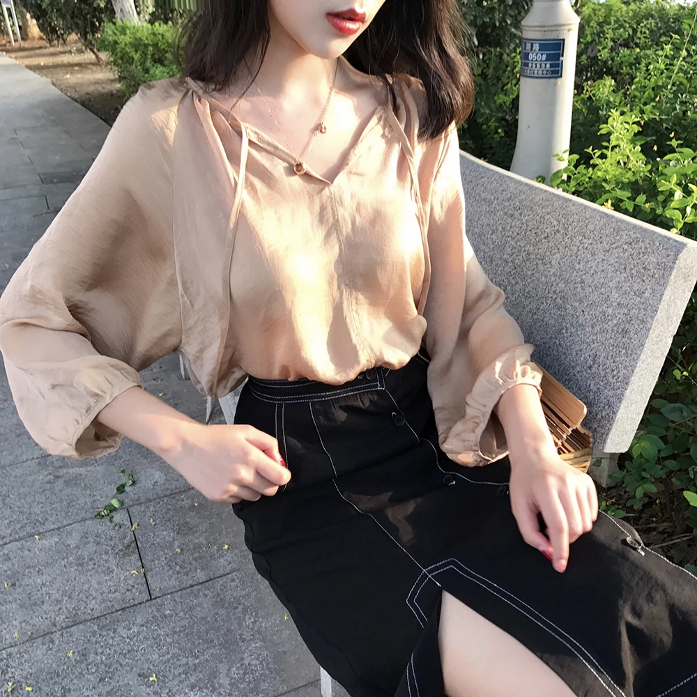 

2017 women's autumn pullover sexy v neck lacing lantern sleeve loose solid casual blouse female plus size shirt lady's tops