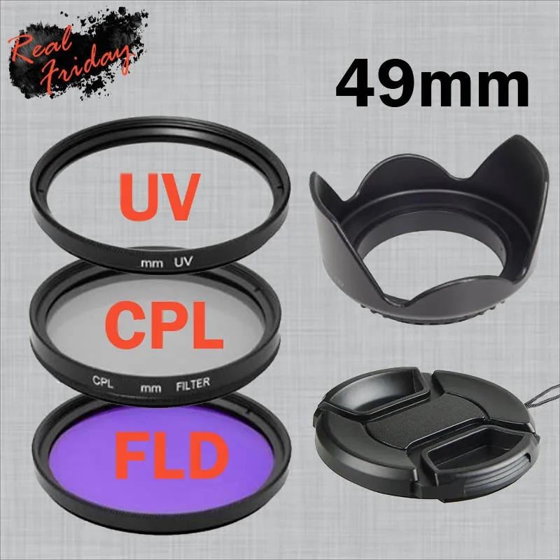 

49mm UV CPL FLD Lens Filter Kit+Lens Cap+Flower Lens Hood For Sony NEX-F3 NEX-6 NEX-7 NEX-5R/5T A5100 A6000 & E 55-210mm/18-55mm