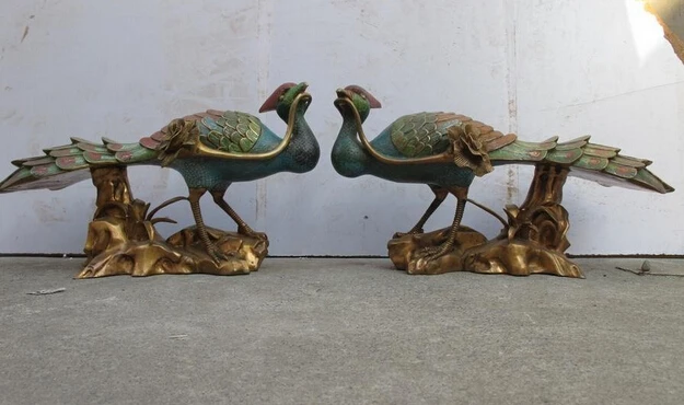 bi002750 Chinese Royal 100% pure bronze Cloisonne Enamel Phoenix pair Statue