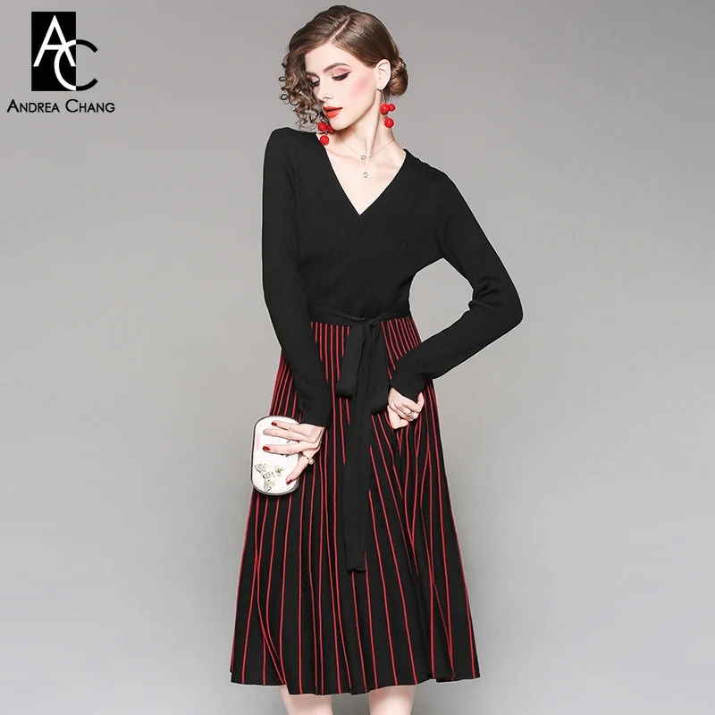 autumn winter woman dress white red strip pattern bottom pink black knitted dress with long sash belt v-neck sexy pleated dress
autumn winter woman dress white red strip pattern bottom pink black knitted dress with long sash belt v-neck sexy pleated dress