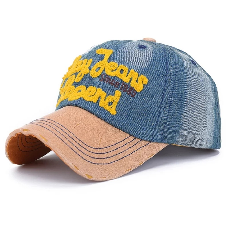 Men's and Women's Washed Denim Baseball Cap with Applique Letter embroidery Peak Contrast Color Cotton Dad Hat Spring Summer
Men's and Women's Washed Denim Baseball Cap with Applique Letter embroidery Peak Contrast Color Cotton Dad Hat Spring Summer
