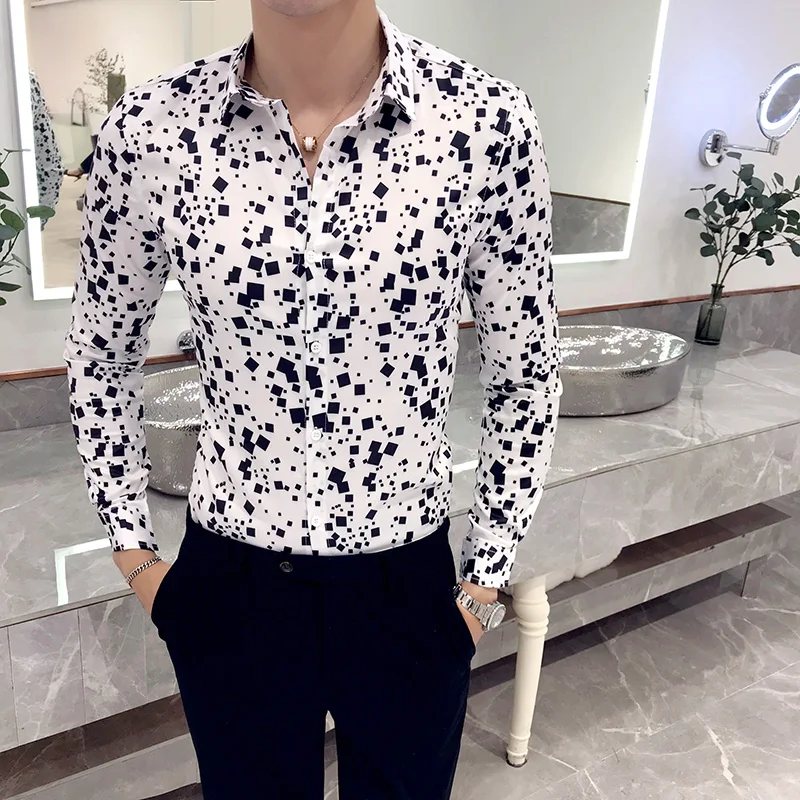 Korean Style New Shirt Men Block Printing Long Sleeve Casual Slim Fit Men's Shirts Streetwear Black White Stretch Man Sale | Мужская