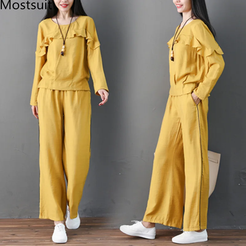Spring Cotton Linen Two Piece Sets Women Ruffles Long Sleeve Tops And Wide Leg Pants Suits Casual Vintage Elegant Women's Sets
Spring Cotton Linen Two Piece Sets Women Ruffles Long Sleeve Tops And Wide Leg Pants Suits Casual Vintage Elegant Women's Sets