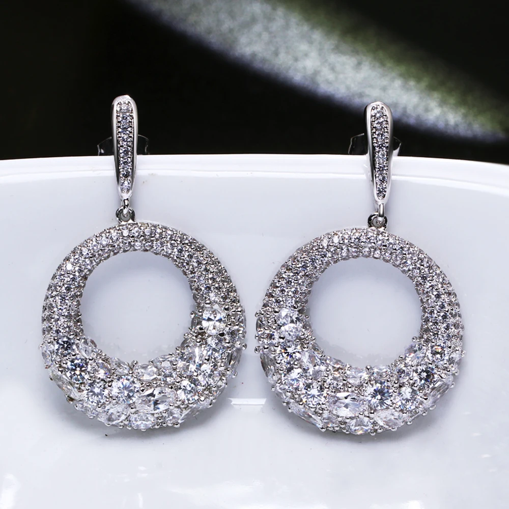 Beautiful Circle Dangle Earring Zirconia stones Female Jewellery Round Design Women's Drop Earrings White color Jewelry | Украшения и
