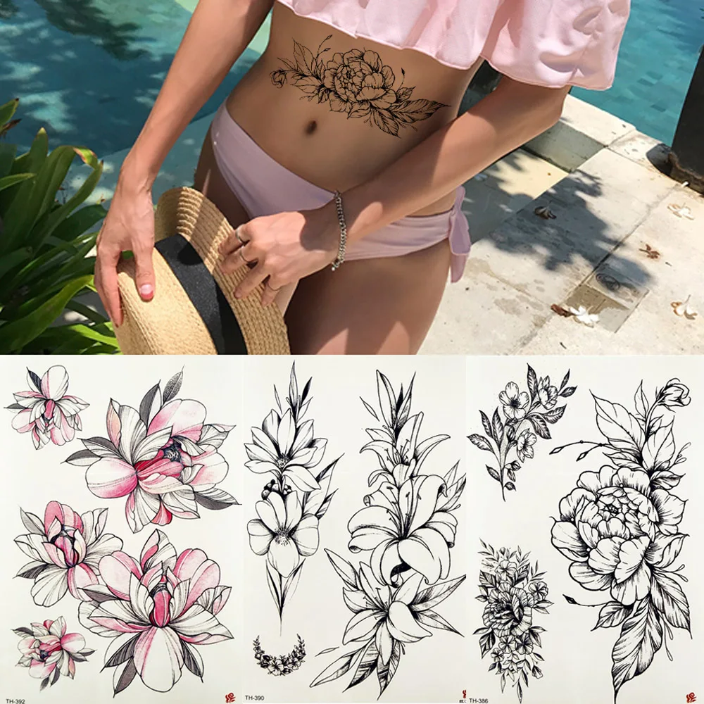 

Camellia Rose Sweetpeas Plum Blossom Leaves Temporary Tattoo Sticker Daisy Sexy Black Tattoos Body Art Girl Fake Tatoo Paste