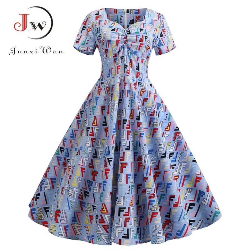2019 Letter Print Women Summer Dress Vintage Elegant V Neck Party Dresses Robe Plus Size Casual A-Line Office Ladies Work Dress
2019 Letter Print Women Summer Dress Vintage Elegant V Neck Party Dresses Robe Plus Size Casual A-Line Office Ladies Work Dress