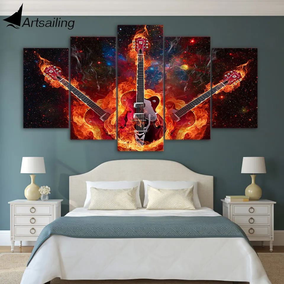 ArtSailing HD печать 5 шт. Холст Искусство горящая гитара украшение дома аксессуары