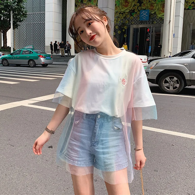 2019 New Summer short-sleeved mesh rainbow tops Harajuku Korea Ulzzang female large size ice cream cartoon embroidery T-shirt
2019 New Summer short-sleeved mesh rainbow tops Harajuku Korea Ulzzang female large size ice cream cartoon embroidery T-shirt