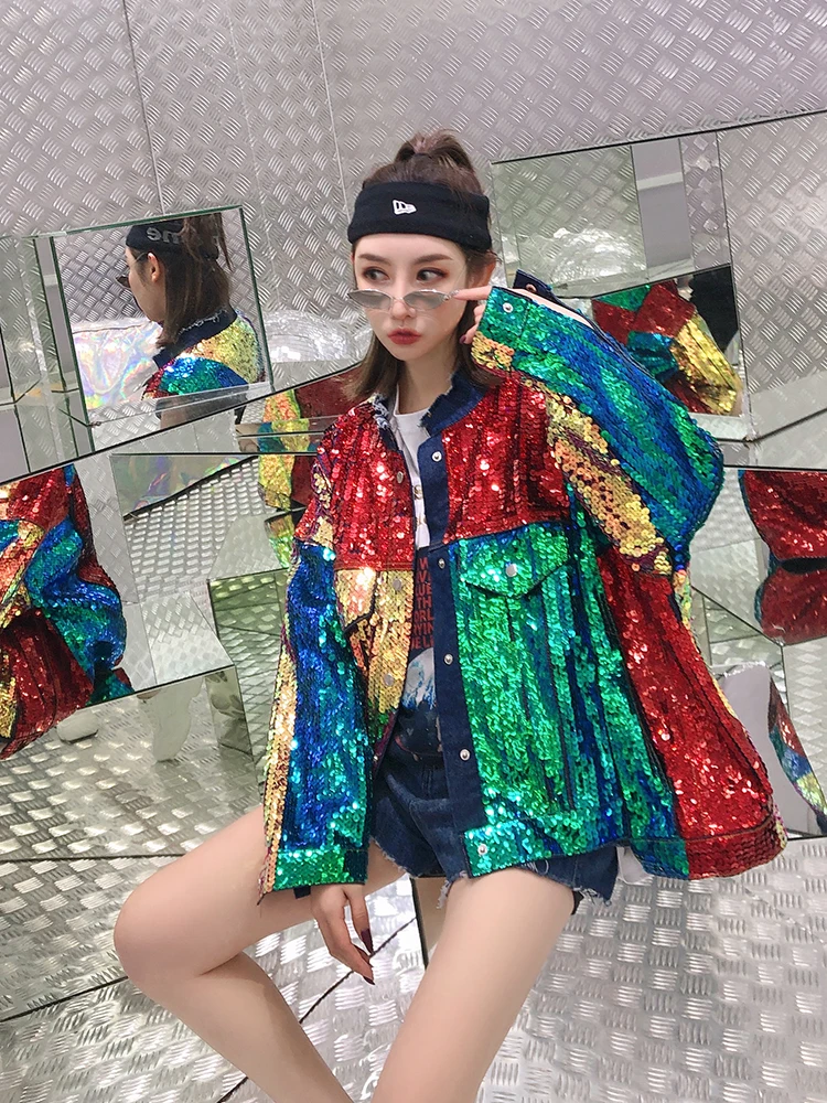 Spring 2019 New Rainbow Coloured Heavy Industry Sequins denim Coat Ladies'Loose Wharf Street coat jacket
Spring 2019 New Rainbow Coloured Heavy Industry Sequins denim Coat Ladies'Loose Wharf Street coat jacket