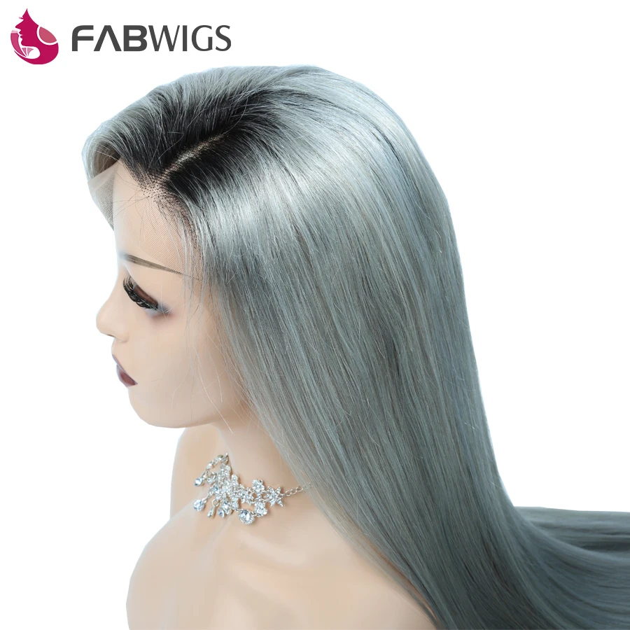 Fabwigs Silky Straight Lace Front Human Hair Wig Ombre 1B Grey Brazilian Remy Wigs Pre Plucked | Шиньоны и парики