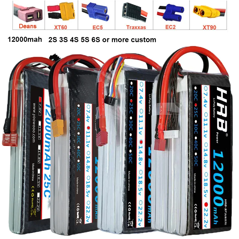 

HRB 12000mAh 14.8V 18.5V 22.2V 7.4V 11.1V 2S 3S 4S 5S 6S 25C RC Lipo Battery For Helicopter S1000 Drone FPV UAV Car Boat Drone