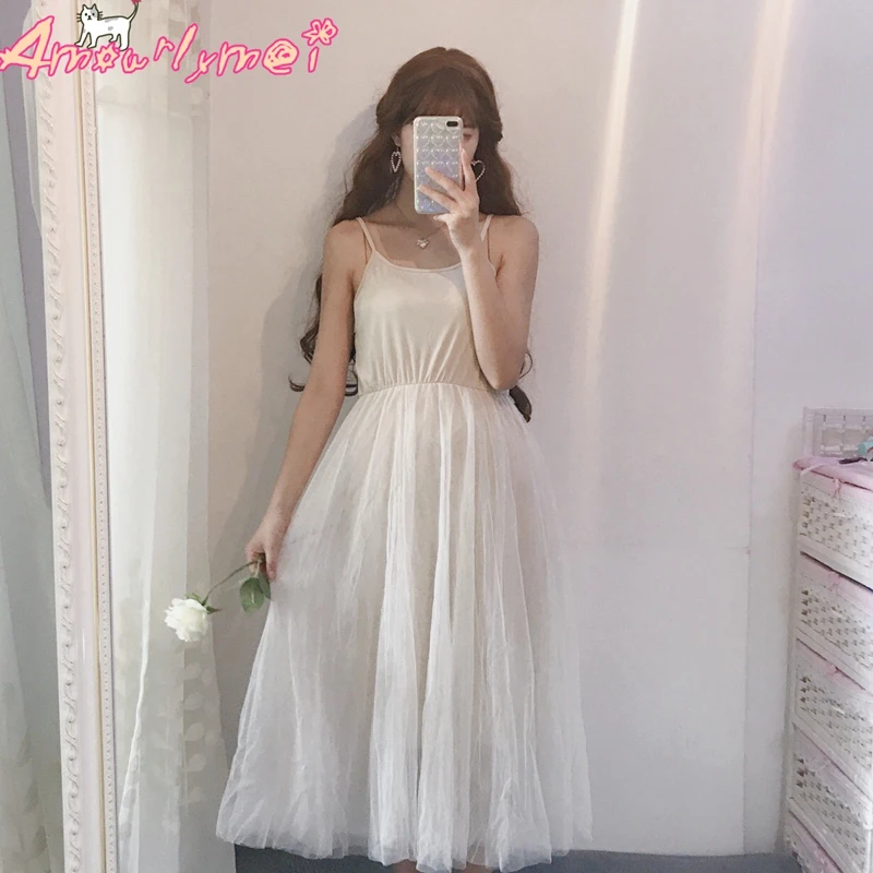 Japanese Mori Girl Lolita Sweet Lace Mesh Spaghetti Strap Dress Casual Loose Women Basic Bottoming Dress Summer Female Vestidos
Japanese Mori Girl Lolita Sweet Lace Mesh Spaghetti Strap Dress Casual Loose Women Basic Bottoming Dress Summer Female Vestidos
