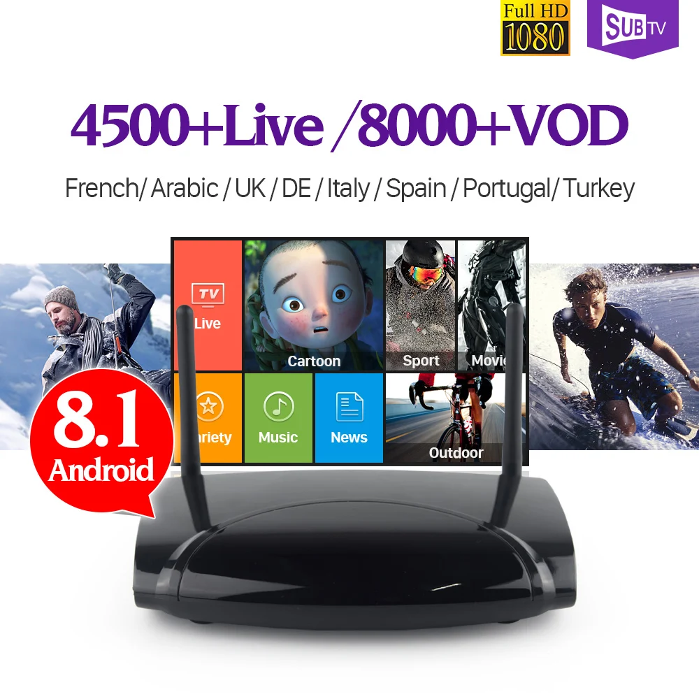 IPTV France SUBTV Subscription Box R2 Android 8.1 RK3229 H.265 Full HD Live Arabic Turkish Portugal IPTV Receiver Android Italia
IPTV France SUBTV Subscription Box R2 Android 8.1 RK3229 H.265 Full HD Live Arabic Turkish Portugal IPTV Receiver Android Italia