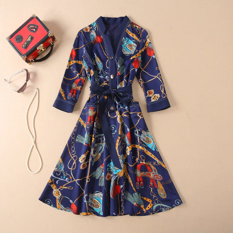2019 Spring Summer Runway Brand V-neck Elegant Navy Blue Dresses Fringe Chains Print 3/4 Sleeve Belt Pockets Dress Jc2966
2019 Spring Summer Runway Brand V-neck Elegant Navy Blue Dresses Fringe Chains Print 3/4 Sleeve Belt Pockets Dress Jc2966