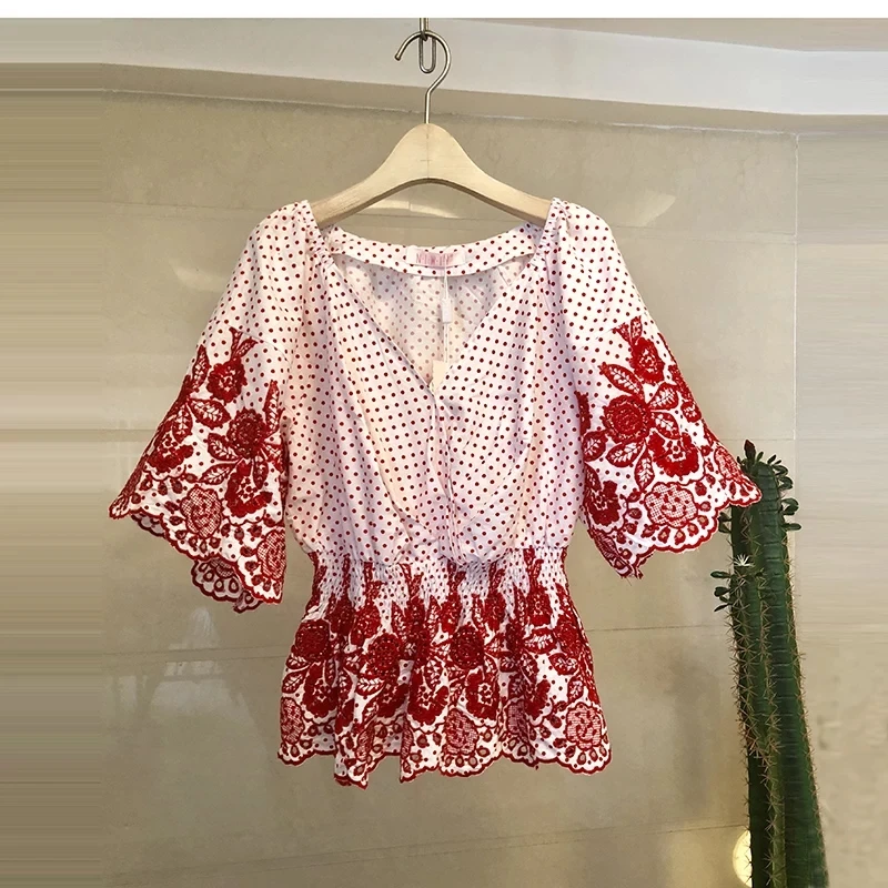 Summer Women's Black Red Blouses Sexy Hollow Out Embroidery Blouse Office Lady V-Neck Flare Sleeve Polka Dot Shirts Tops Blusas
Summer Women's Black Red Blouses Sexy Hollow Out Embroidery Blouse Office Lady V-Neck Flare Sleeve Polka Dot Shirts Tops Blusas
