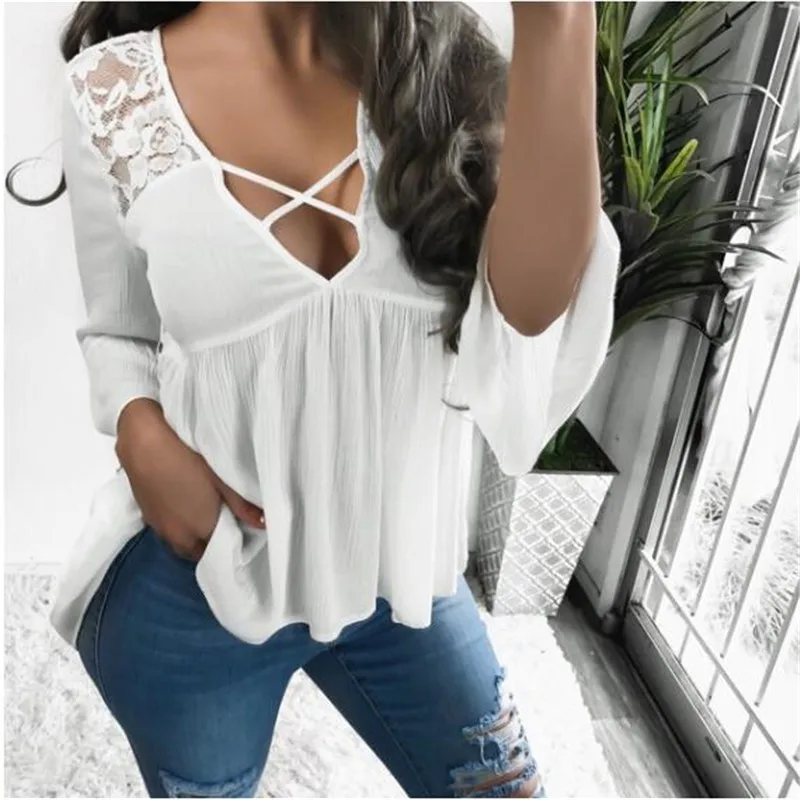 Womens Tops And Blouses Sexy Criss-cross Low Cut Lace Stitching White Shirt Women Solid Flare Sleeve Woman Tops Summer SJ2395M
Womens Tops And Blouses Sexy Criss-cross Low Cut Lace Stitching White Shirt Women Solid Flare Sleeve Woman Tops Summer SJ2395M