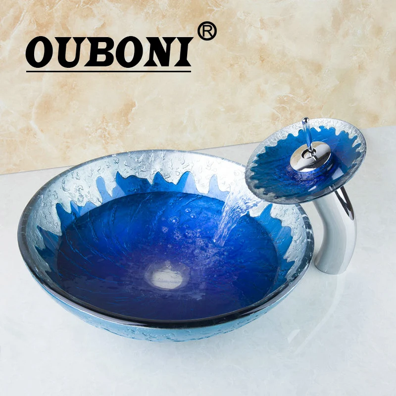 

OUBONI Blue Painting Color Round Bathroom Art Washbasin Clear Tempered Glass Vessel Sink With Waterfall Chrome Faucet Set