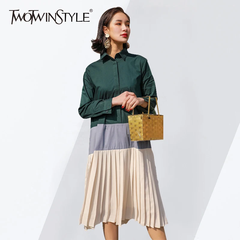 TWOTWINSTYLE Patchwork Dress Female Lapel Collar Long Sleeve Oversize Pleated Shirt Dresses Women 2019 Spring Fashion Korean
TWOTWINSTYLE Patchwork Dress Female Lapel Collar Long Sleeve Oversize Pleated Shirt Dresses Women 2019 Spring Fashion Korean