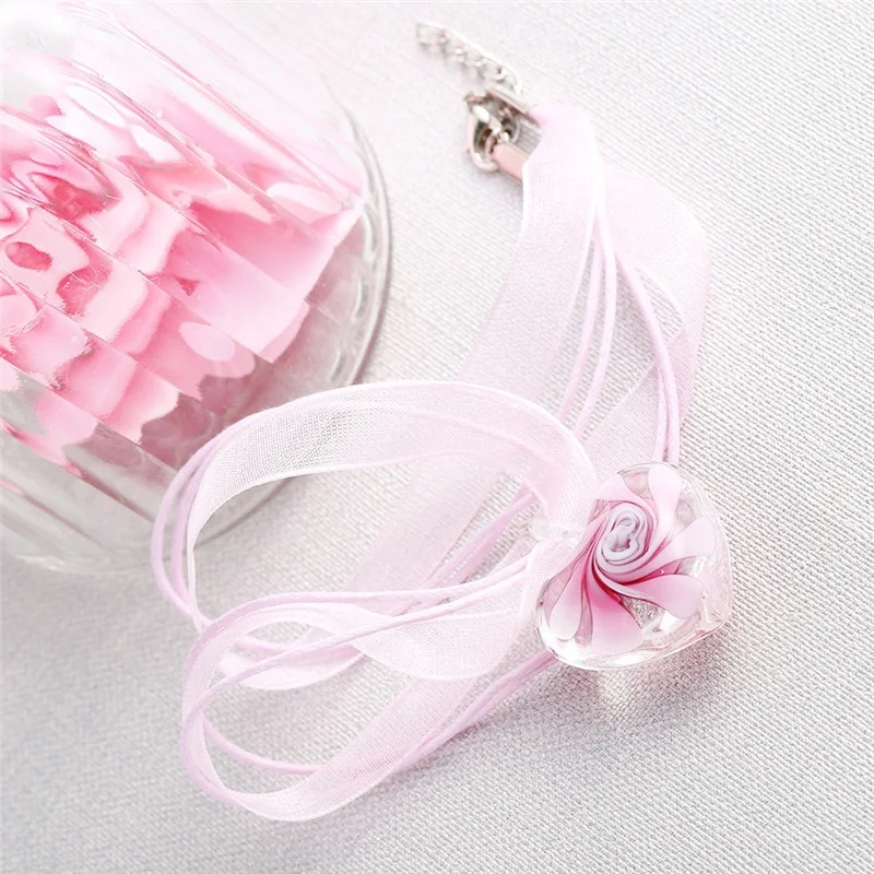 Handmade Luxury Love Heart Necklace Glass Blown Flower Inlaid Spiral Ribbon*