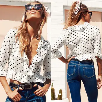 New Fashion Women Polka Dot Shirts Sexy Deep V Neck Blouses Casual Loose Crop Top Chiffon Half Sleeve Ruffle Shirt Blouse Tops
New Fashion Women Polka Dot Shirts Sexy Deep V Neck Blouses Casual Loose Crop Top Chiffon Half Sleeve Ruffle Shirt Blouse Tops