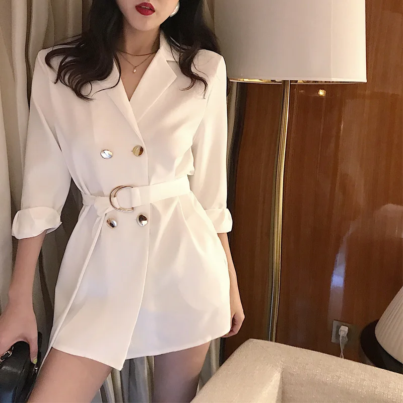 Женский двубортный Блейзер MUMUZI белый пиджак с отложным воротником модная одежда