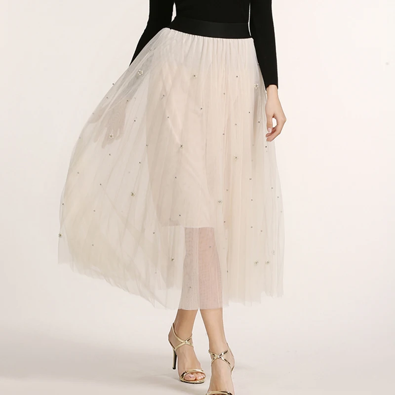2019 vintage Summer beading pearl skirts womens Elastic High Waist tulle mesh Skirt long Pleated tutu skirt women midi faldas
2019 vintage Summer beading pearl skirts womens Elastic High Waist tulle mesh Skirt long Pleated tutu skirt women midi faldas