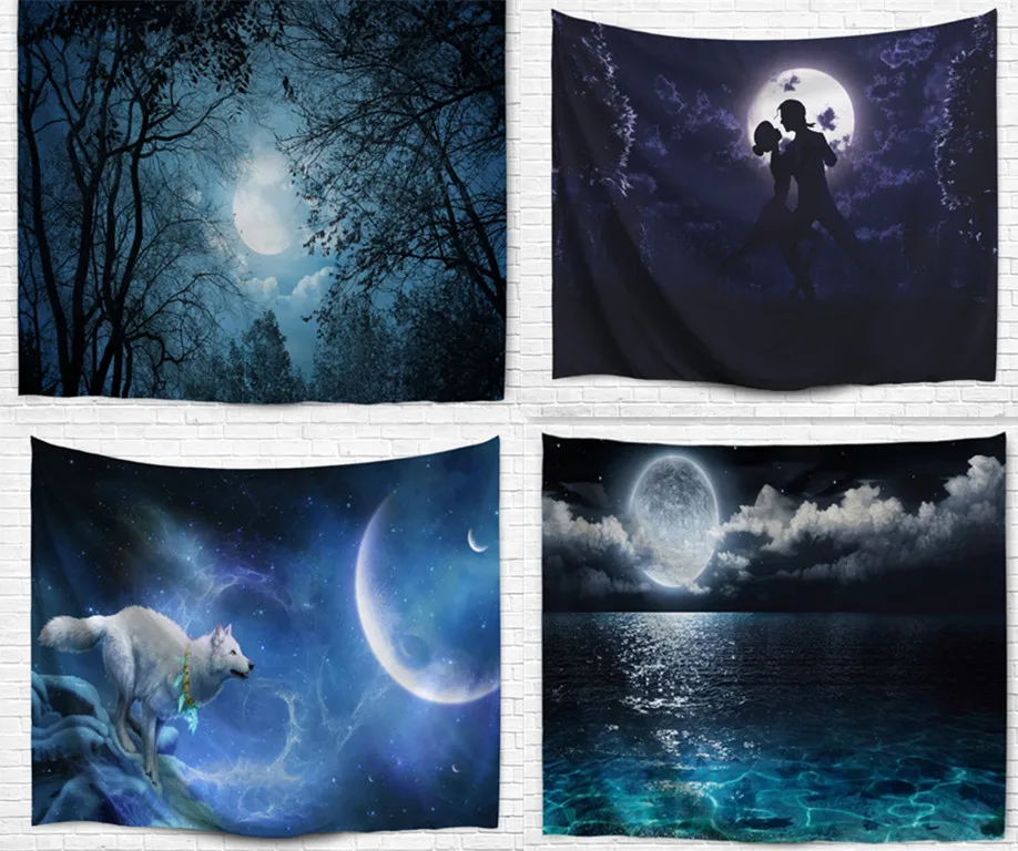 

Romantic Moonlight Fabric Decorative Wall Hanging Tapestry Forrest Wolf Decor Polyester Curtain Table Cover Beach Picnic Usage