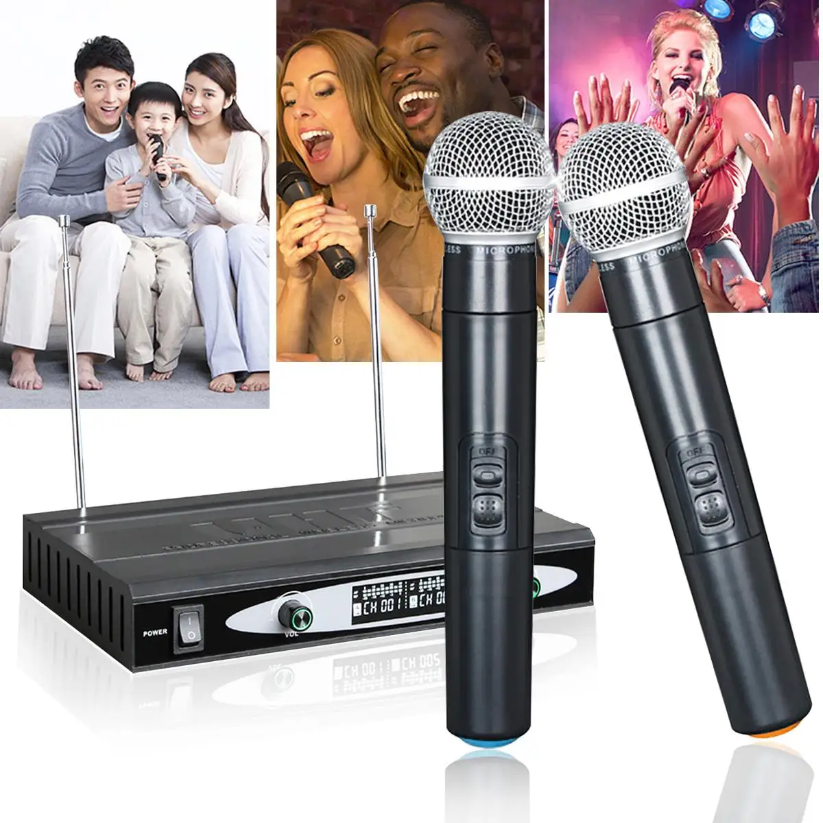 

110V-220V Professional VHF Wireless Microphone 2 Channels Handheld Cordless Mic System + Receiver Home KTV Karaoke Machine