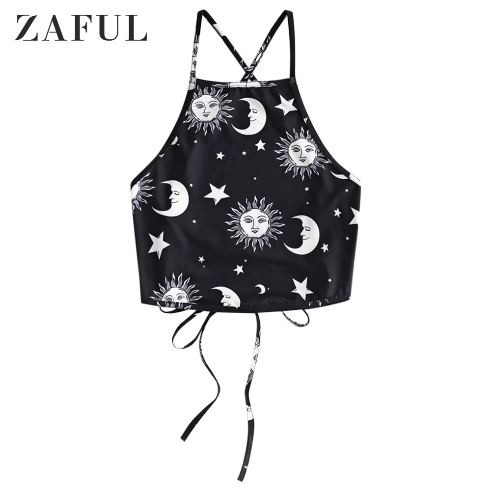 

ZAFUL Star Sun And Moon Print Cami Top Criss Cross Lace-up Women Top Sleeveless Summer Sexy Tops Slim Fit Tank Tops Cropped Top
