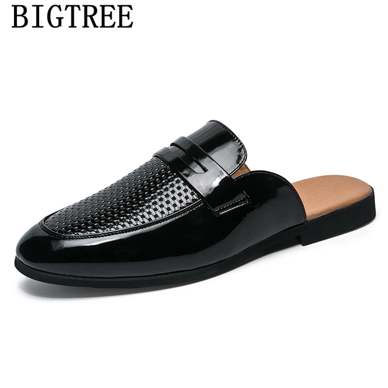 

Summer Men Slippers Patent Leather Slippers Mule Masculino Men Half Shoe Breathable Shoes Sepatu Slip On Pria Chaussure Homme