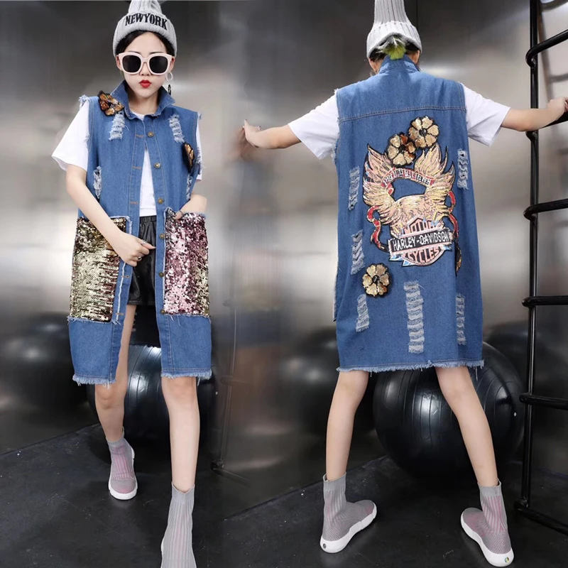 Unique Fashion Punk women's denim vest long sleevless tassel outcoat cardigan ripped holes jenas Sequined casual vests NZ67
Unique Fashion Punk women's denim vest long sleevless tassel outcoat cardigan ripped holes jenas Sequined casual vests NZ67