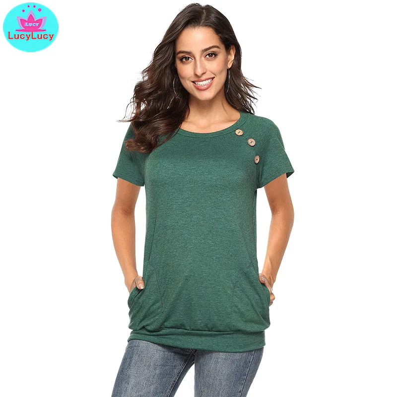 2019 summer new European and American women's T-shirt round neck pocket three button short-sleeved shirt O-Neck Solid
2019 summer new European and American women's T-shirt round neck pocket three button short-sleeved shirt O-Neck Solid