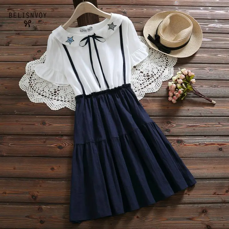 Japan Style Embroidery Summer Dress Women Fake Two Pieces Short Sleeve Cotton Linen Dresses Peter Pan Collar Bowknot Vestidos
Japan Style Embroidery Summer Dress Women Fake Two Pieces Short Sleeve Cotton Linen Dresses Peter Pan Collar Bowknot Vestidos