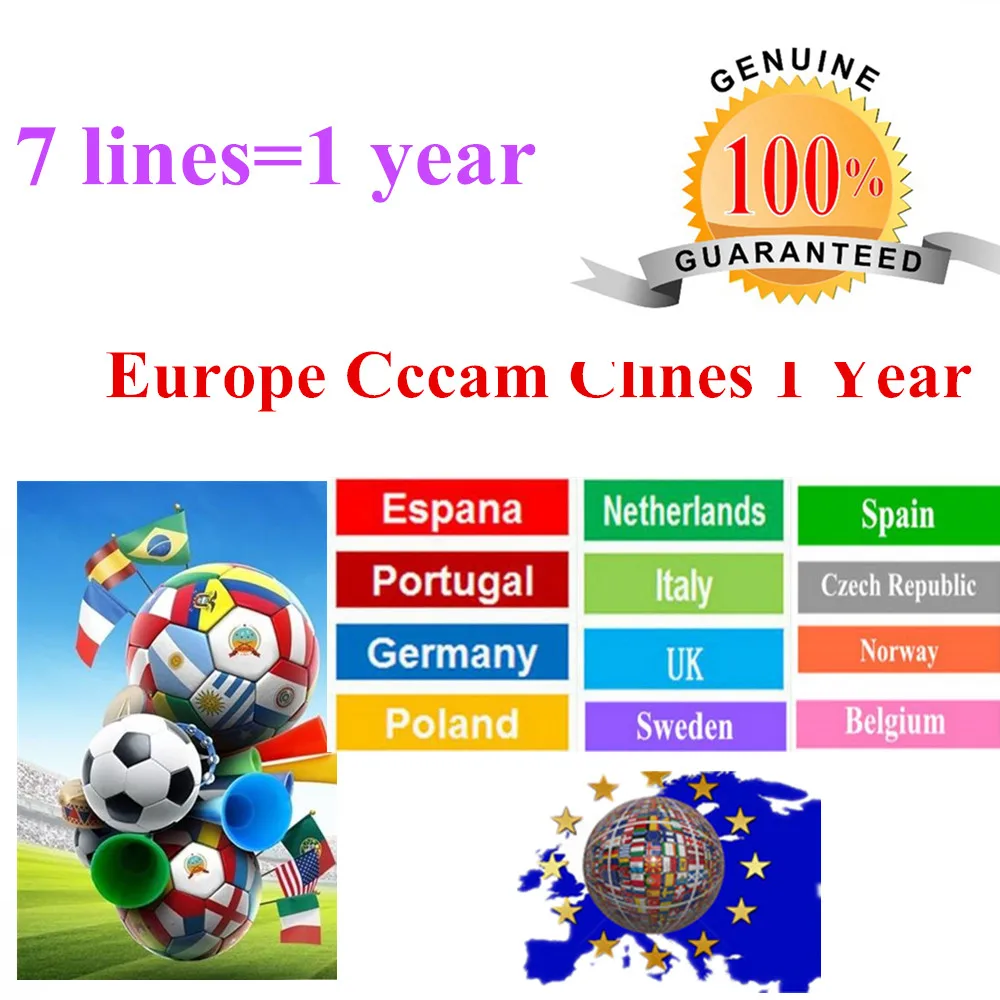 1 Year CCcams Clines for Satellite Receiver 7 Clines Europe FULL HD DVB-S2 Server Support Spain Italy German Portugal Italy
1 Year CCcams Clines for Satellite Receiver 7 Clines Europe FULL HD DVB-S2 Server Support Spain Italy German Portugal Italy