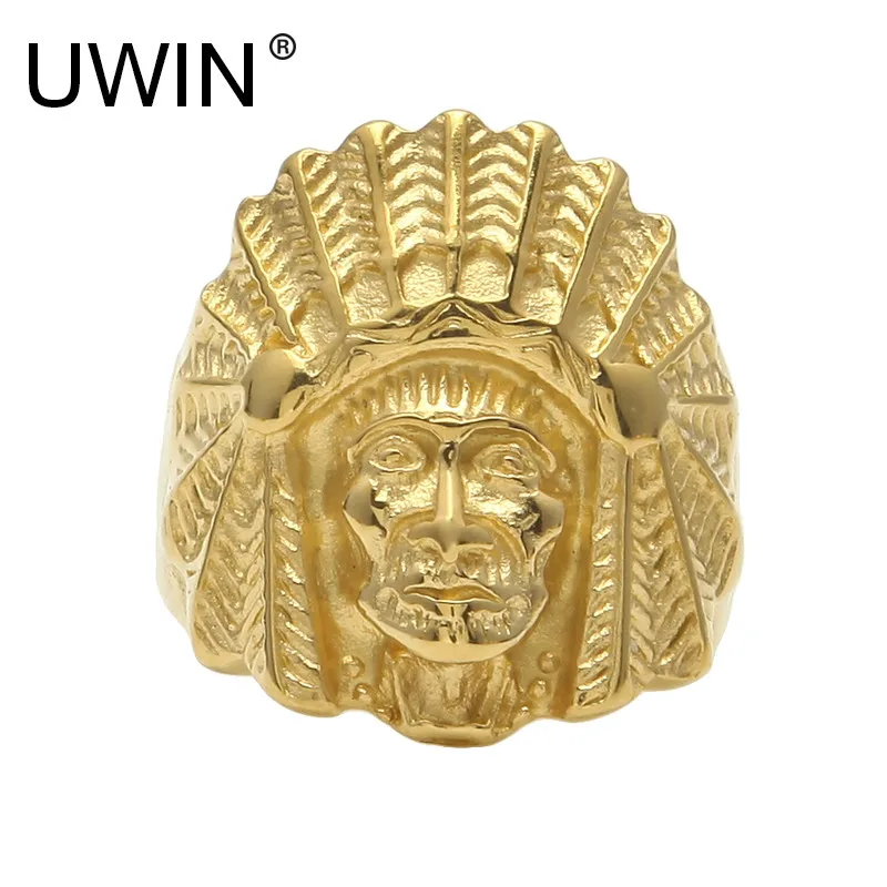 UWIN Men Women Vintage Stainless steel Ring Hip hop Punk Style Gold Ancient Maya Tribal Indian Chief Head Rings Fashion Jewelry | Украшения