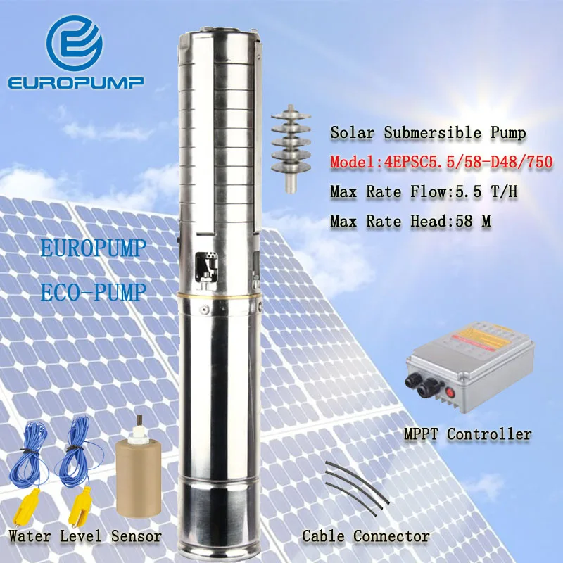 

EUROPUMP MODEL(4EPSC5.5/58-D48/750) 4inch 1HP Solar water pump, centrifugal submersible pump, solar pump AC DC Dual Brushless