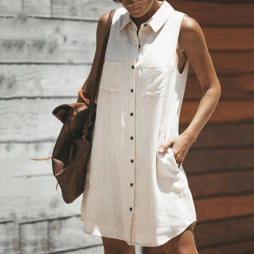 Women Casual Shirt Dress Ladies Sleeveless Turn Down Collar Office Lady Cotton Loose Shirt Dress 2019 New Style Party Dress
Women Casual Shirt Dress Ladies Sleeveless Turn Down Collar Office Lady Cotton Loose Shirt Dress 2019 New Style Party Dress