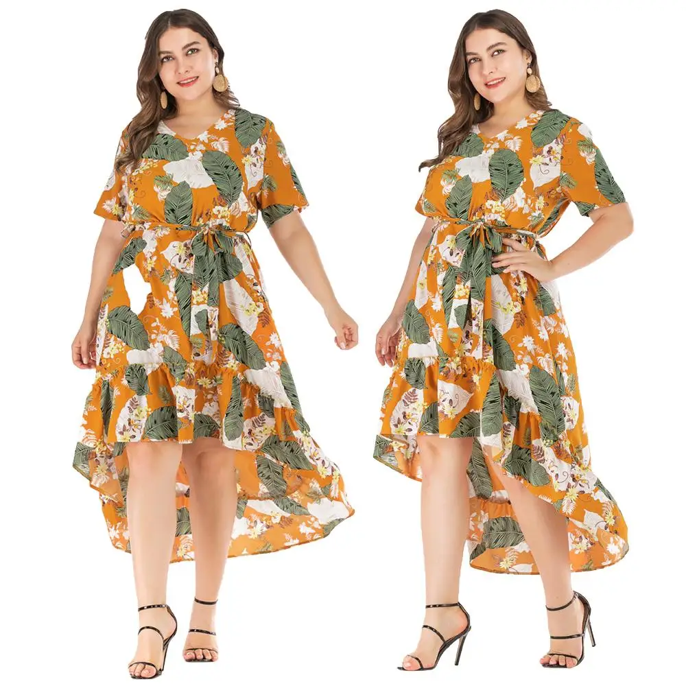 Boho Summer Dress V-Neck Short Sleeve Printed Ruffles Sundress Beach Plus Size High Low Dress Casual Holiday With Belt Fashion
Boho Summer Dress V-Neck Short Sleeve Printed Ruffles Sundress Beach Plus Size High Low Dress Casual Holiday With Belt Fashion