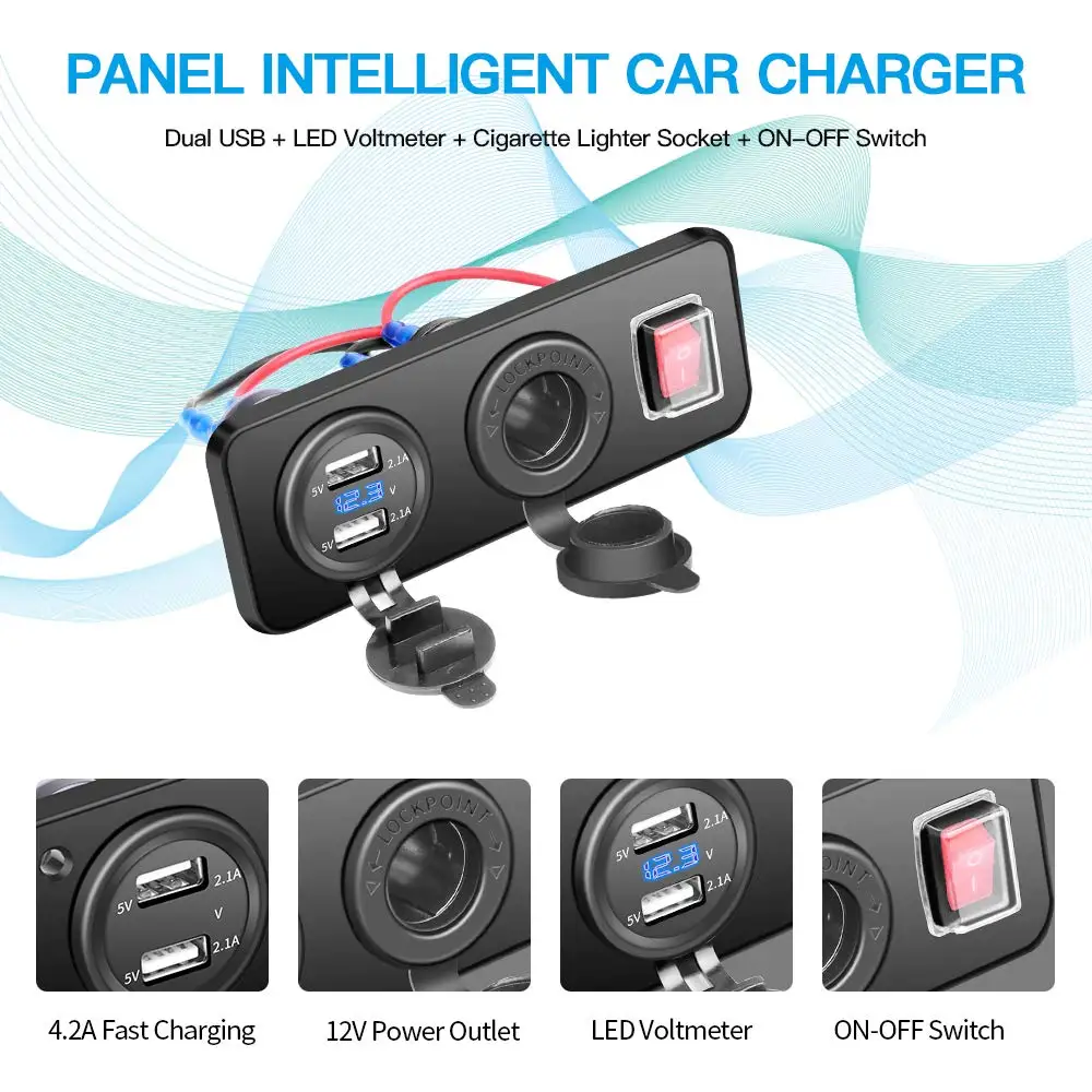 Dual USB Socket Charger 2.1A & 2.1A with LED Voltmeter + 12V Power Outlet + ON-Off Toggle Switch Four Functions Panel for Car Bo
Dual USB Socket Charger 2.1A & 2.1A with LED Voltmeter + 12V Power Outlet + ON-Off Toggle Switch Four Functions Panel for Car Bo