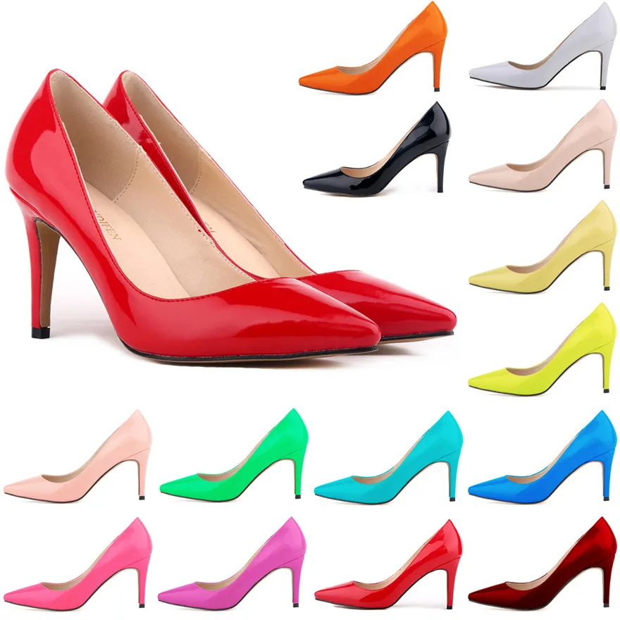 

2019 New Show Thin Fashion Women Pumps Solid Patent Leather Shallow Office Shoe Pointed Toe Concise Women's High Heels 9cm Shoes